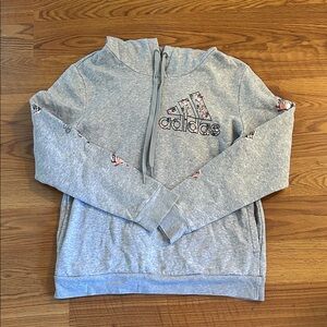 Adidas Gray Hoodie with Pink Floral and Pockets